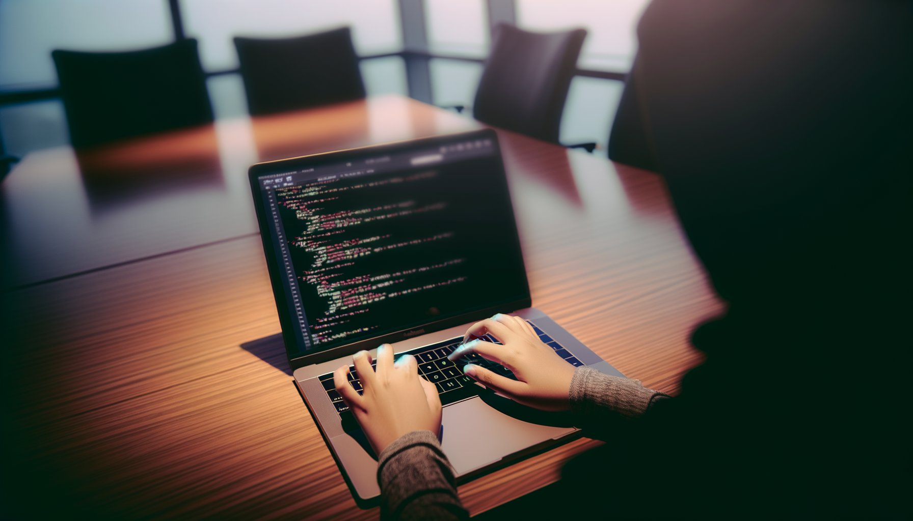 Hands typing on laptop displaying code at dimly lit conference table with crypto mixing site crackdown