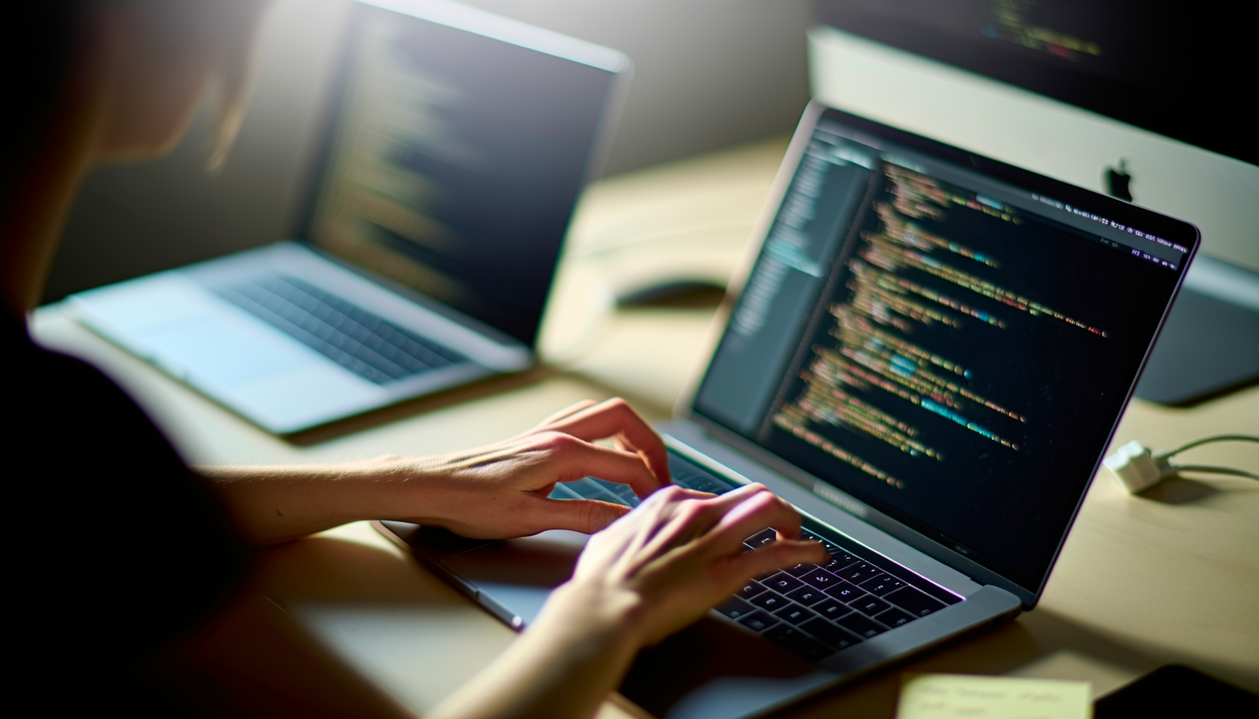 Over-the-shoulder action with hands typing on a laptop displaying lines of code in focus using Amazon AI agents.