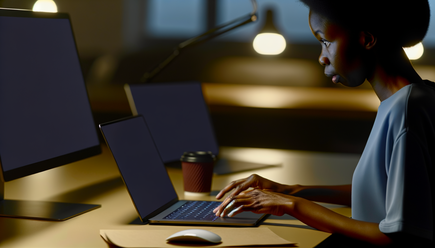 Over-the-shoulder action with hands typing on a laptop in focus, showcasing AI article overviews