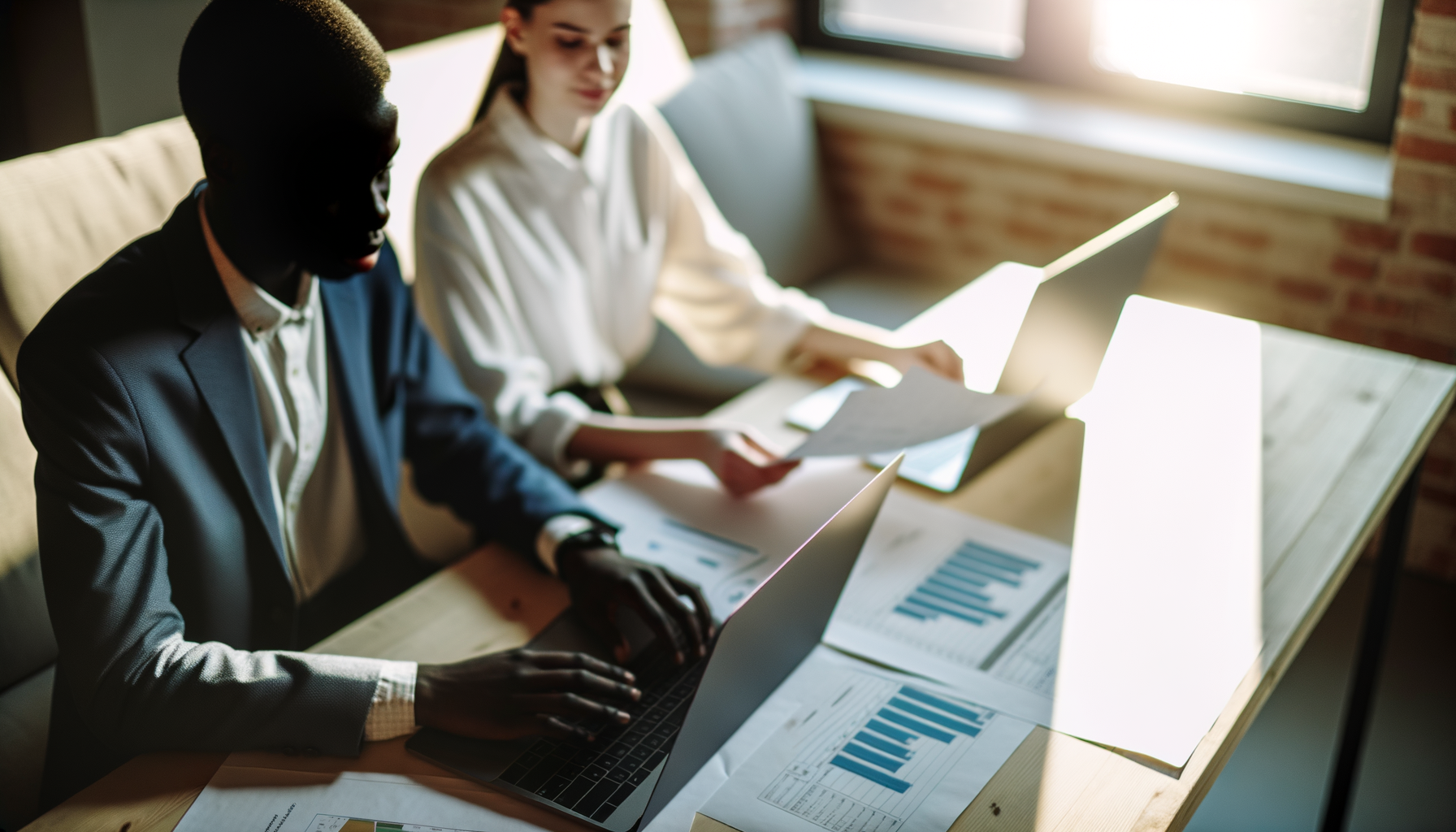 AI agent standardization - Over-the-shoulder action with hands using laptops at a collaborative table setup