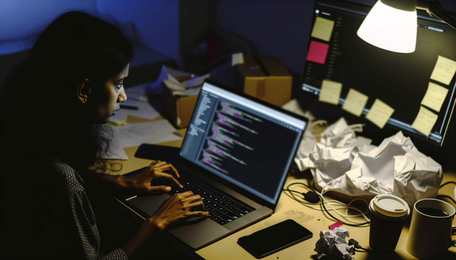 Over-the-shoulder action with hands on laptop displaying code snippets, focus on screen and keyboard, featuring AWS custom LLMs