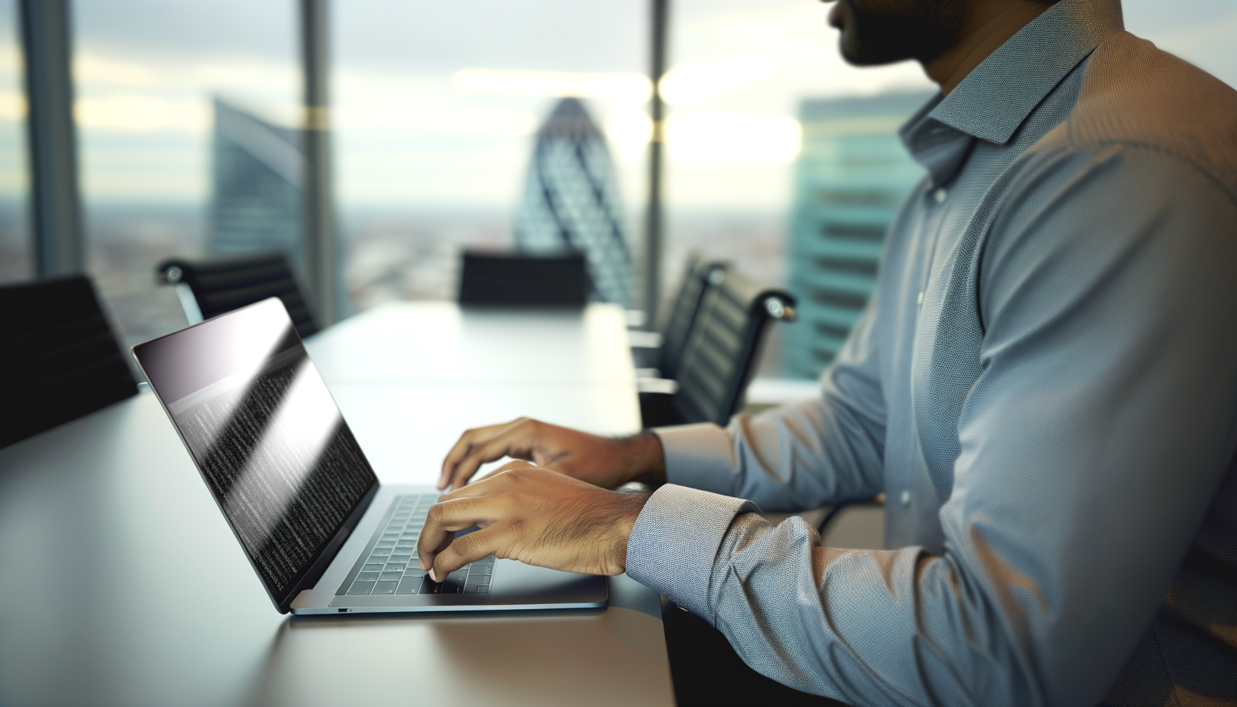 Over the shoulder action shot in a modern conference room showing hands typing on a laptop with code, AI giants delusional outputs visible on screen.