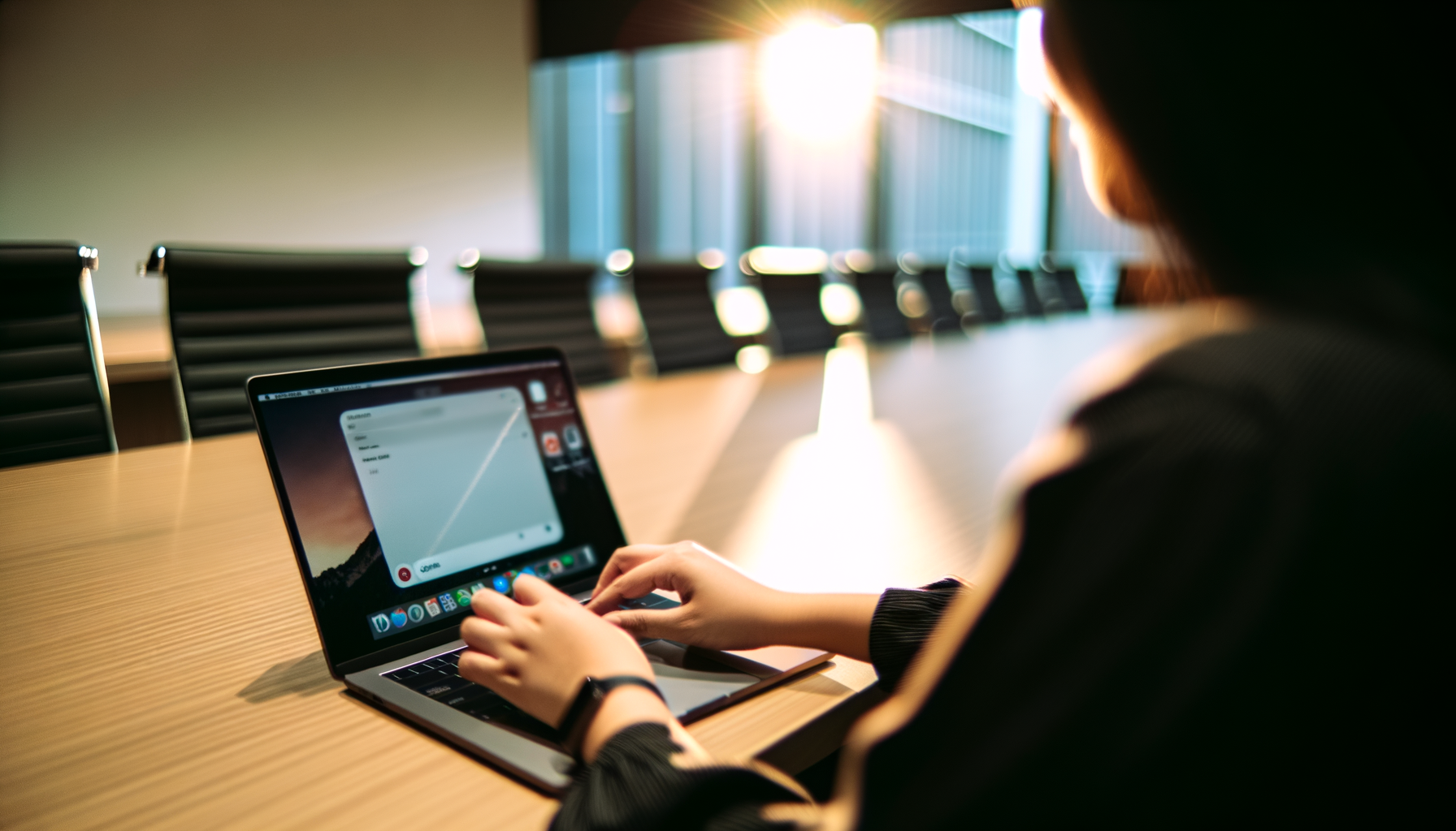 Office worker interacting with a sleek laptop displaying a chat interface in a conference room with a ChatGPT AI chatbot
