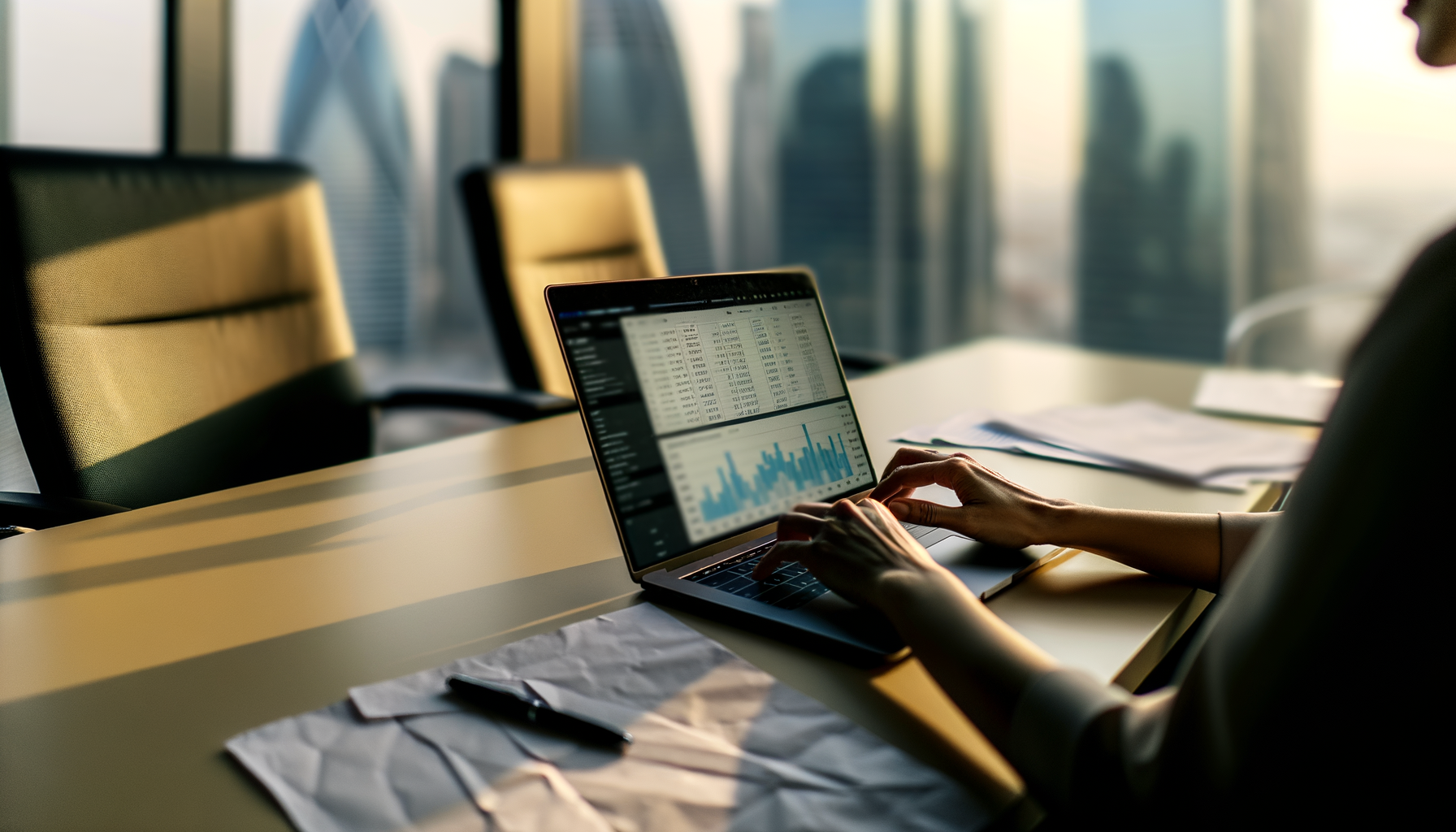 Person using laptop to track blockchain technology in modern conference room