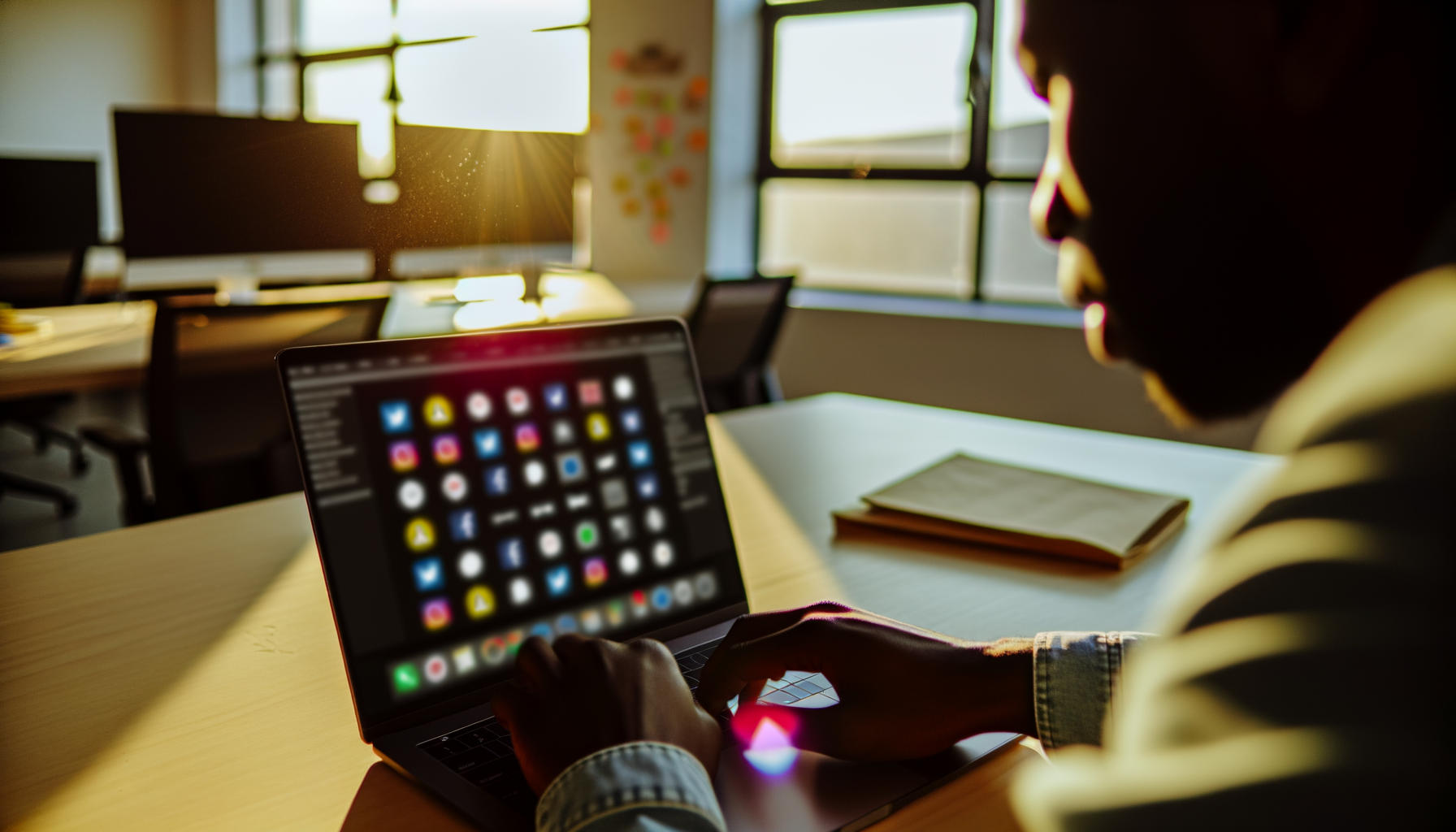 Young professional typing on laptop with blurred social media icons - Meta AI social media support