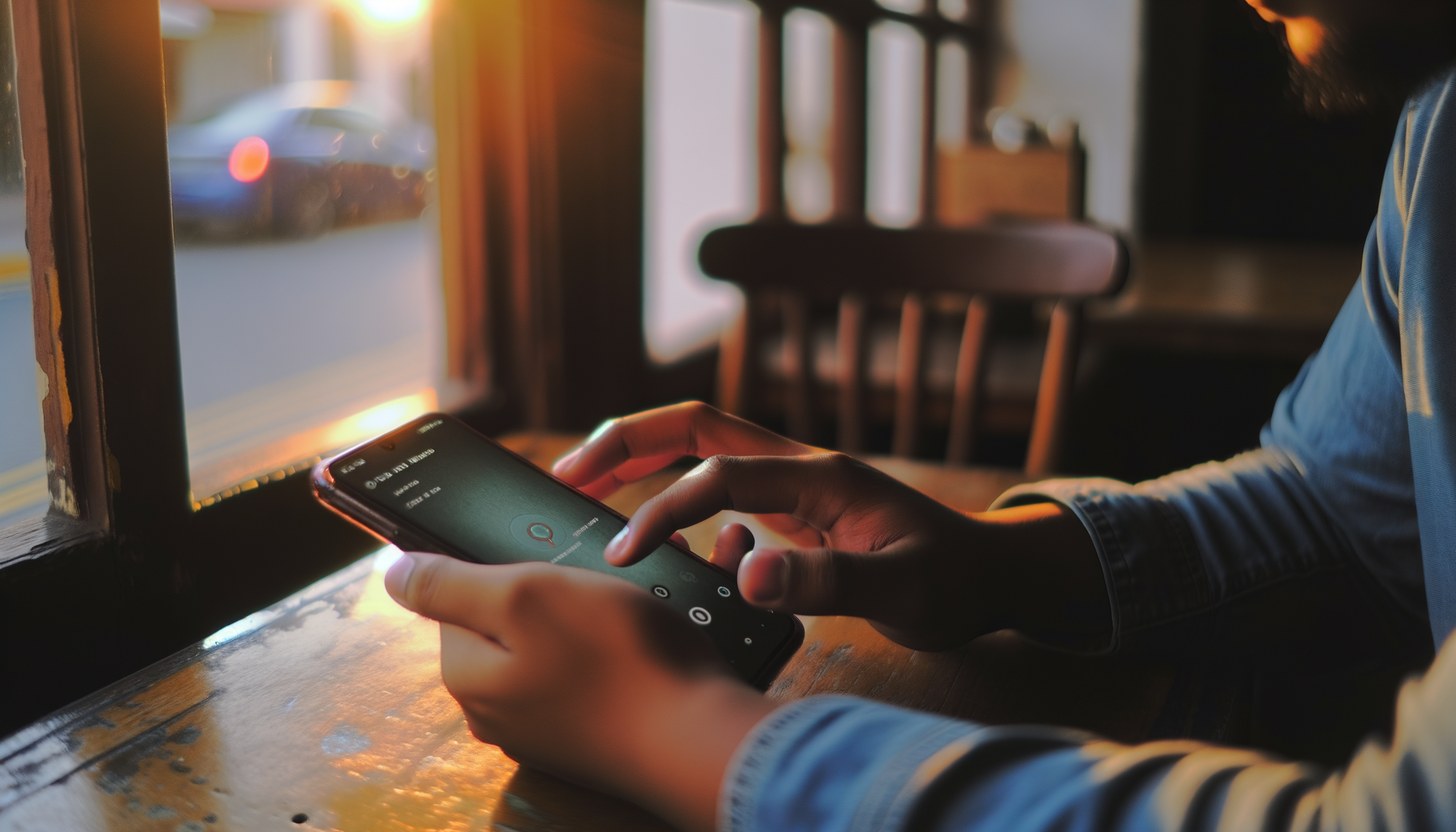Hands using smartphone with super app interface during golden hour at a cafe