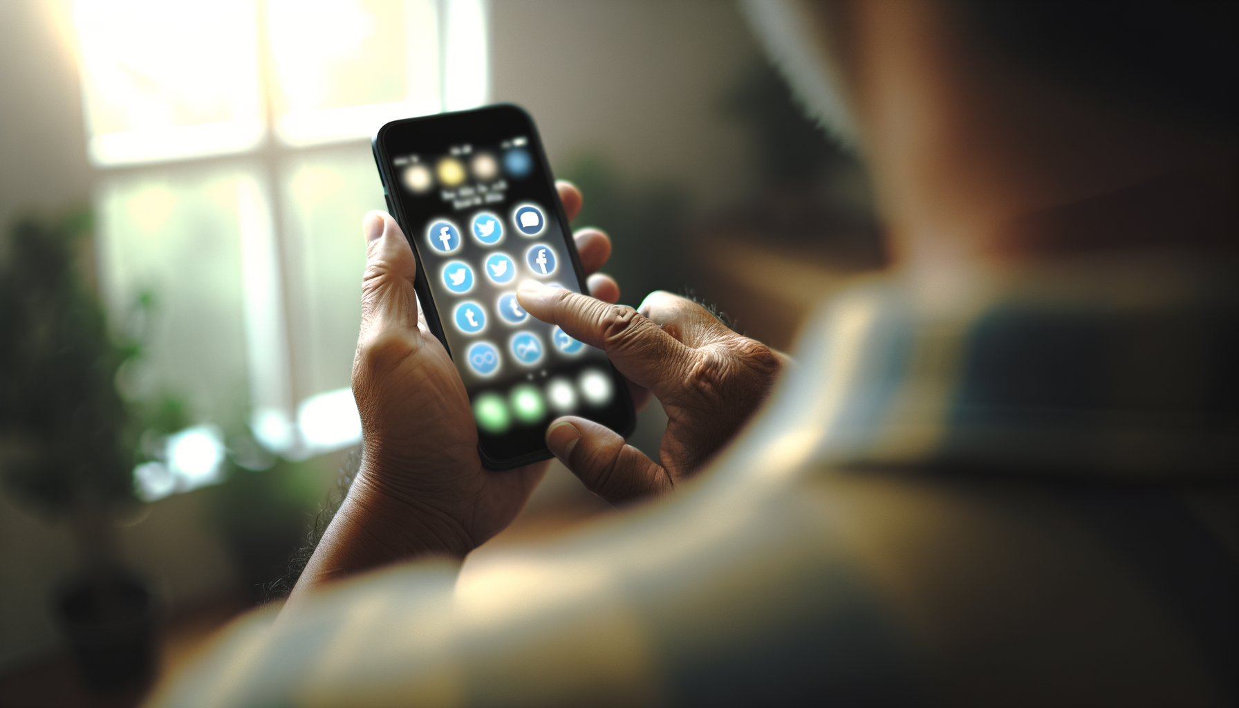 Person checking smartphone screen displaying social media icons in over-the-shoulder action - EU fine for X