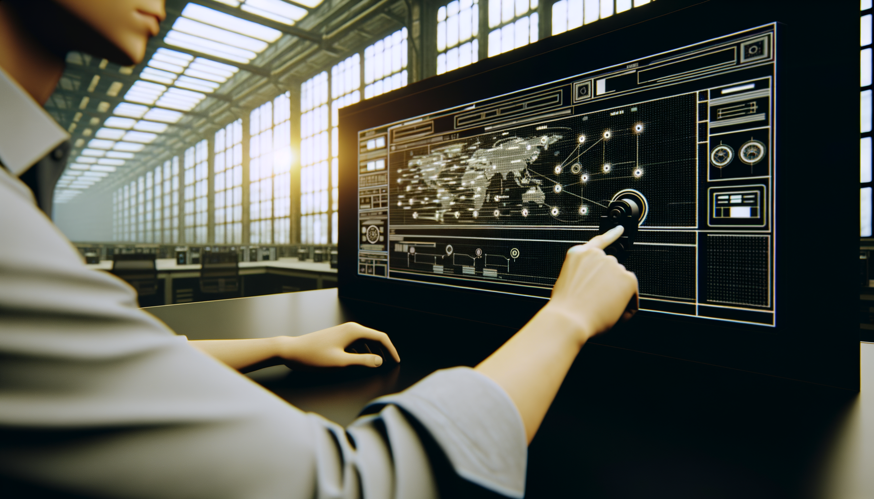 Hands adjusting settings on digital interface displaying a complex blockchain supply chain map