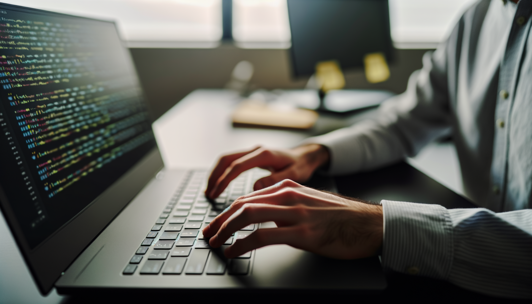 Over-the-shoulder action with hands typing on a laptop keyboard displaying code, Google AI Plus plan, 50mm full-frame lens