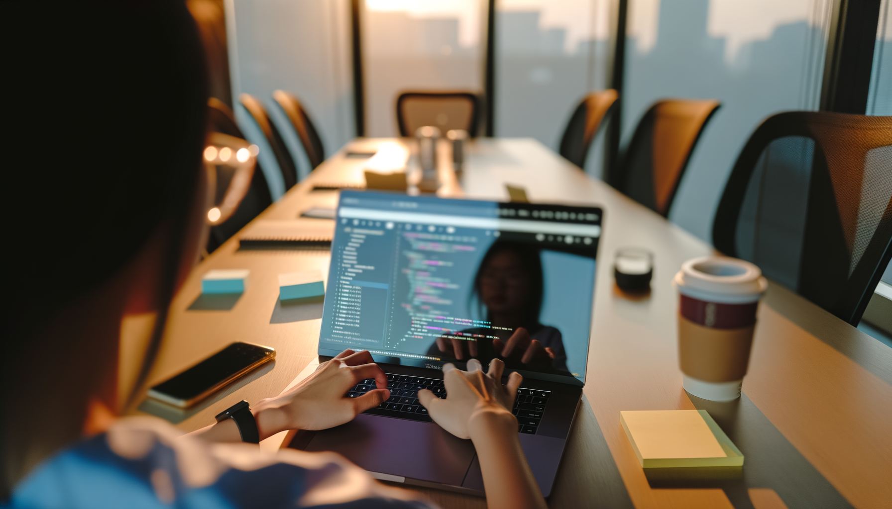 Over-the-shoulder action with hands typing on a laptop displaying Slack interface during golden hour