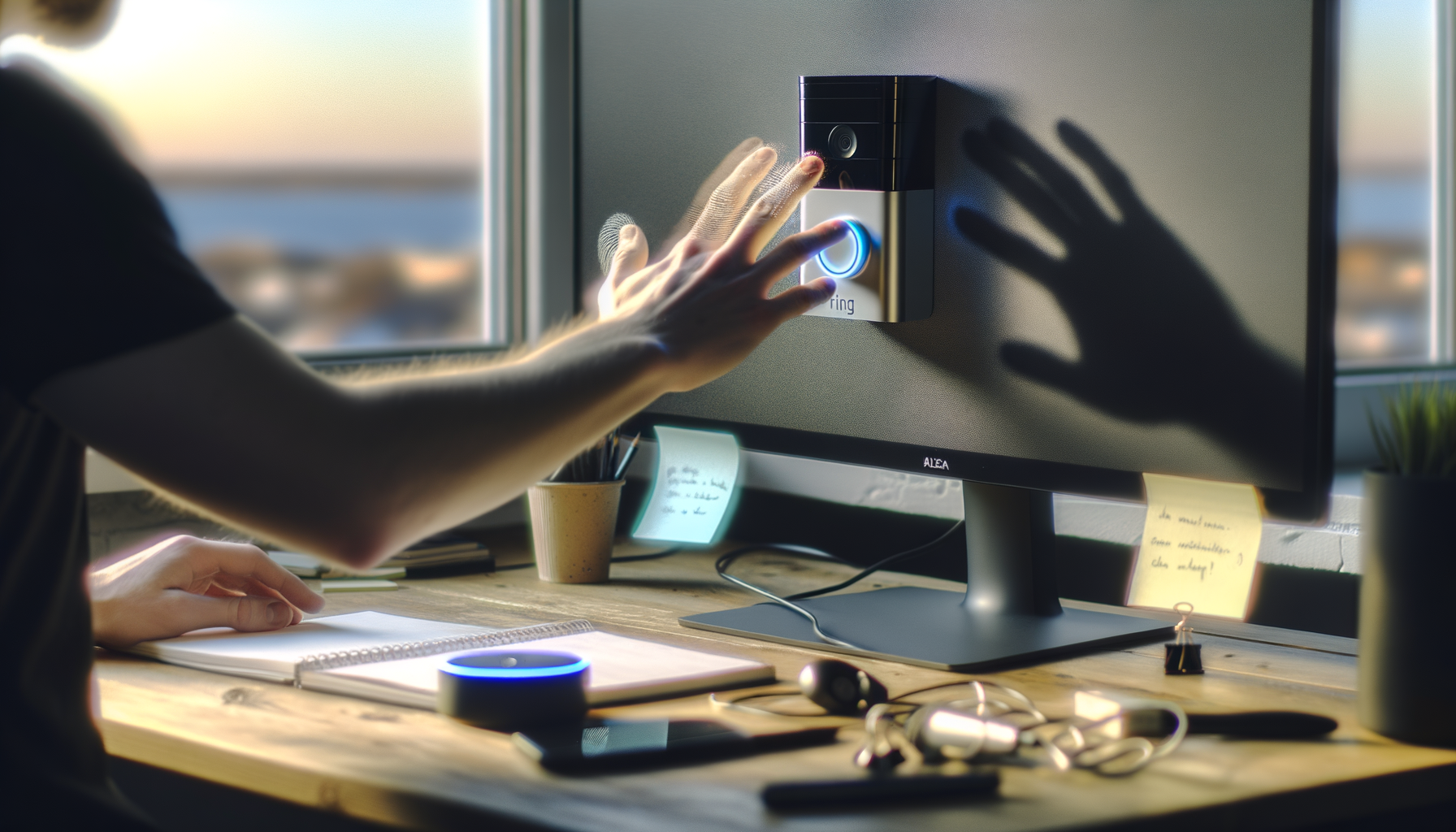 Person interacting with a Ring doorbell featuring Alexa's conversational AI.