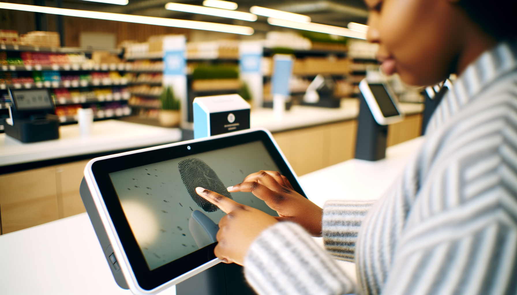 Over-the-shoulder view of hands scanning items at a smart checkout counter in a retail store, showcasing artificial intelligence in retail.