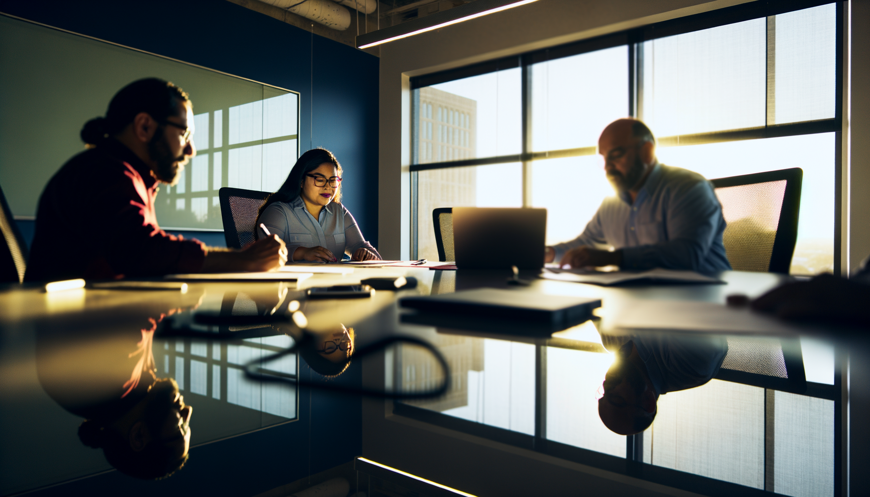 Team collaborating around conference table discussing Web3 trends