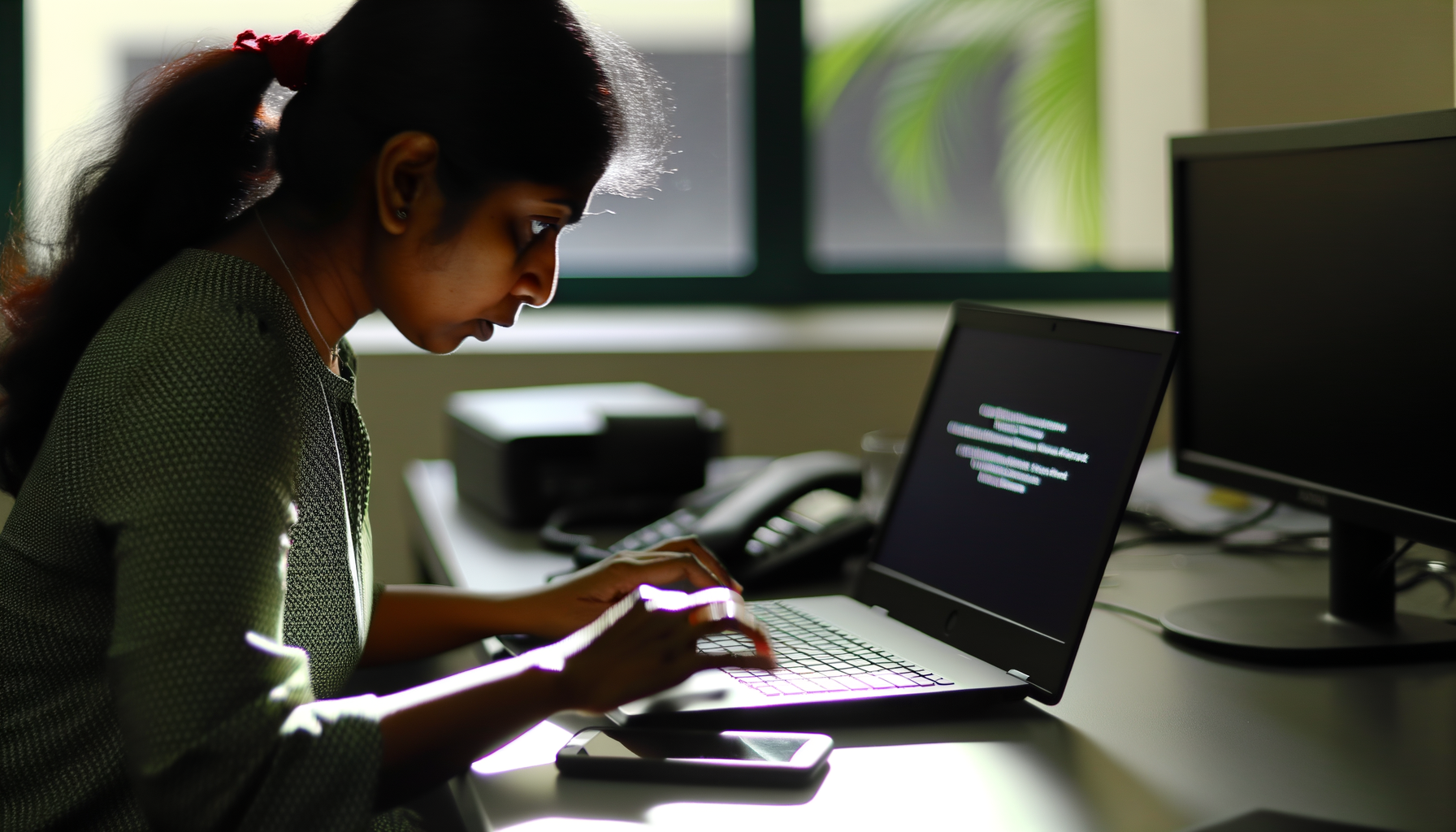 Over-the-shoulder tech office scene with urgent laptop typing for emergency security updates