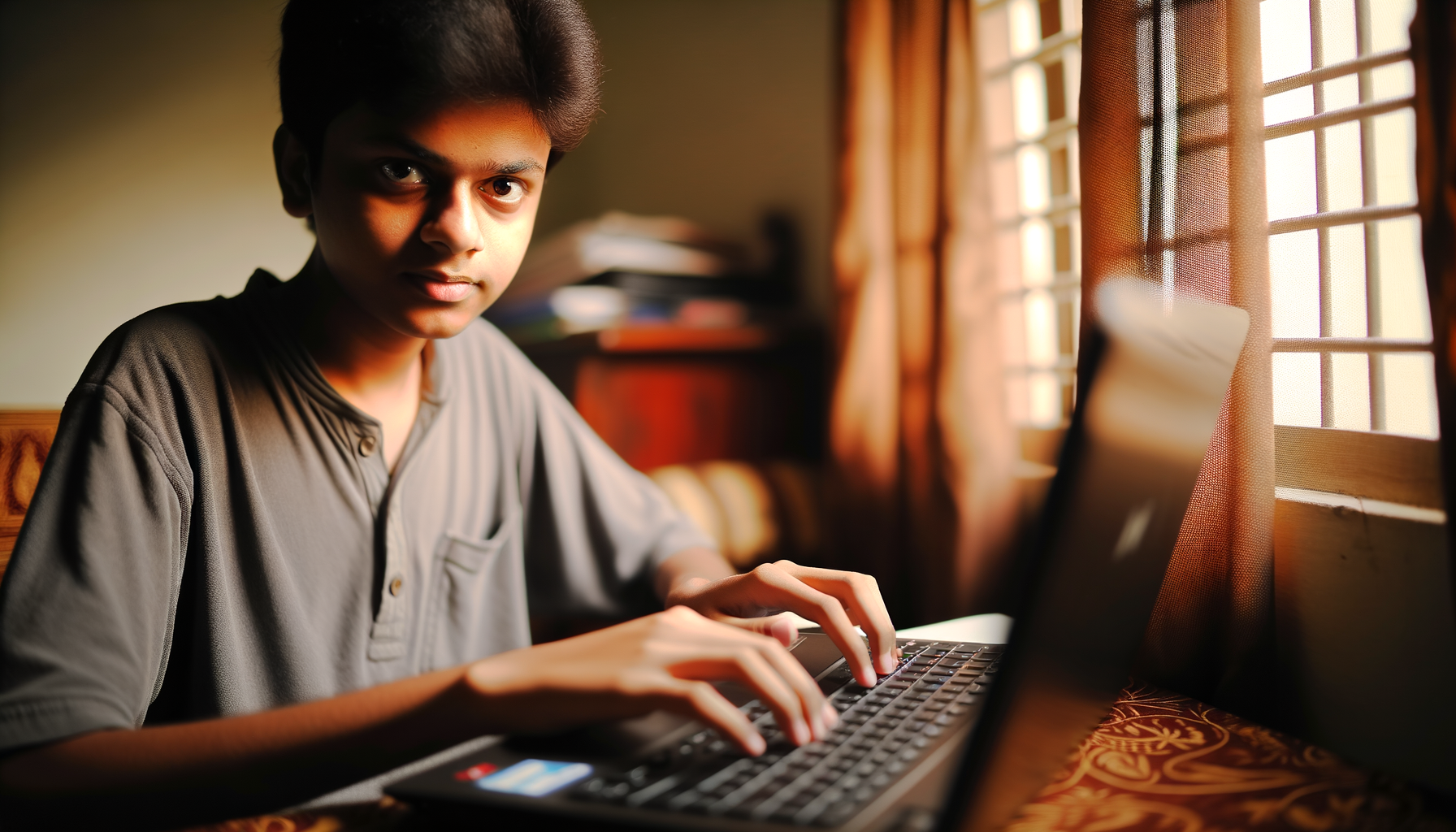 Teenager engaging with laptop in cozy room, focusing on ChatGPT safety guidelines