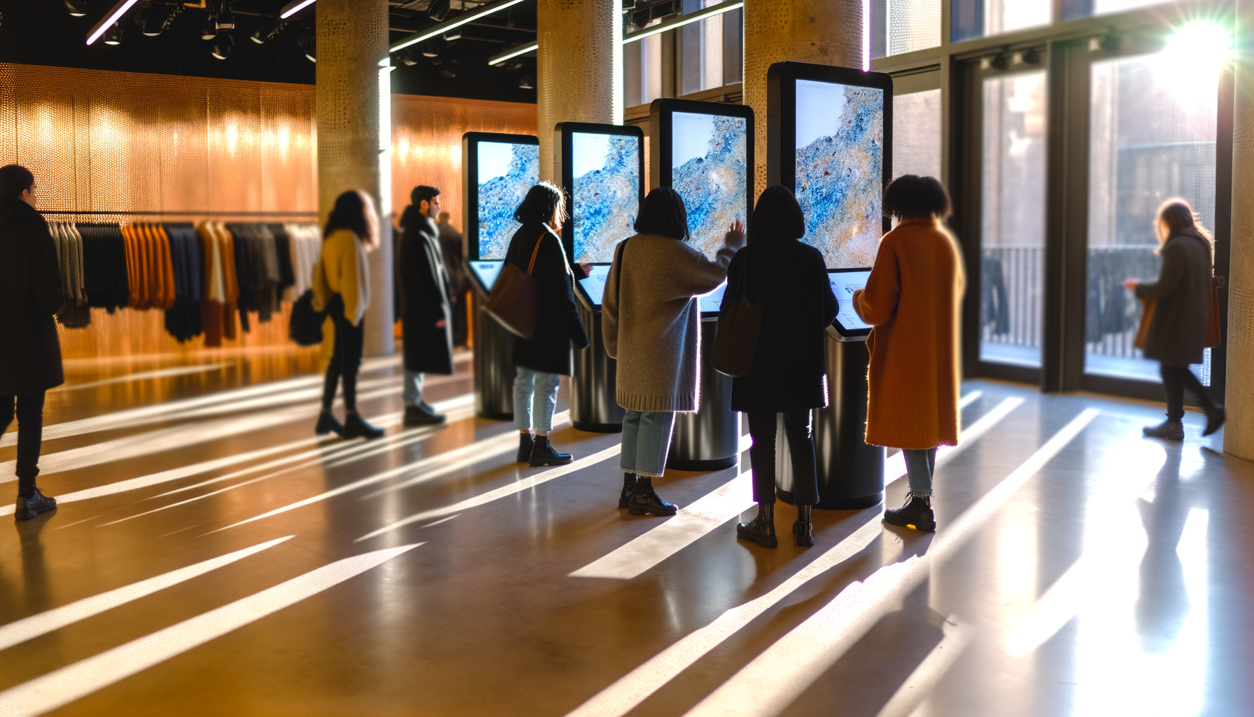 Wide establishing shot of a bustling retail store at golden hour with Web3 trends shoppers interacting with NFT kiosks.