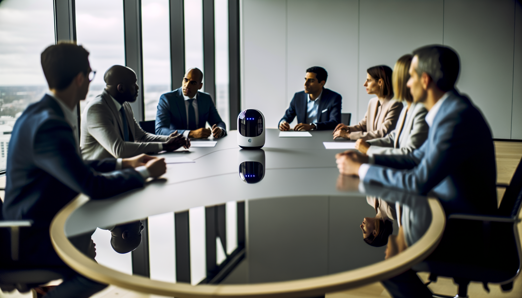Wide establishing shot in modern tech conference room with executives discussing around table and AI devices, capturing the essence of Meta acquiring AI device startup.