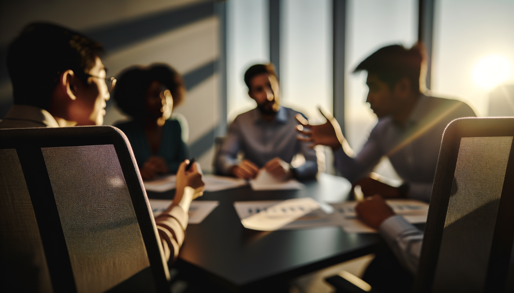 Wide establishing shot of modern conference room with executives discussing, SoftBank and Nvidia fund Skild AI