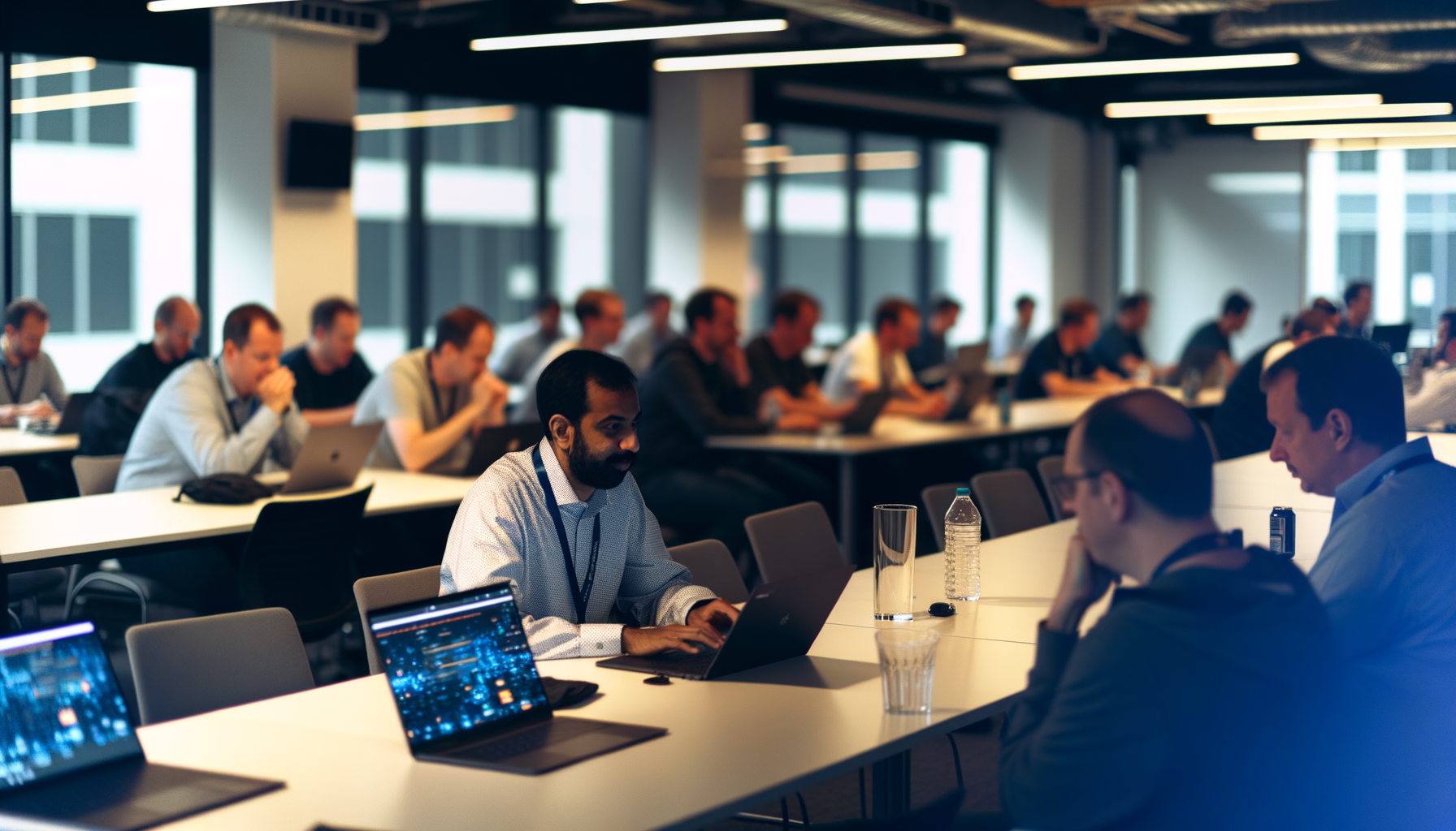 Wide establishing shot of a tech conference room with diverse attendees discussing Web3 innovations over laptops and notebooks.