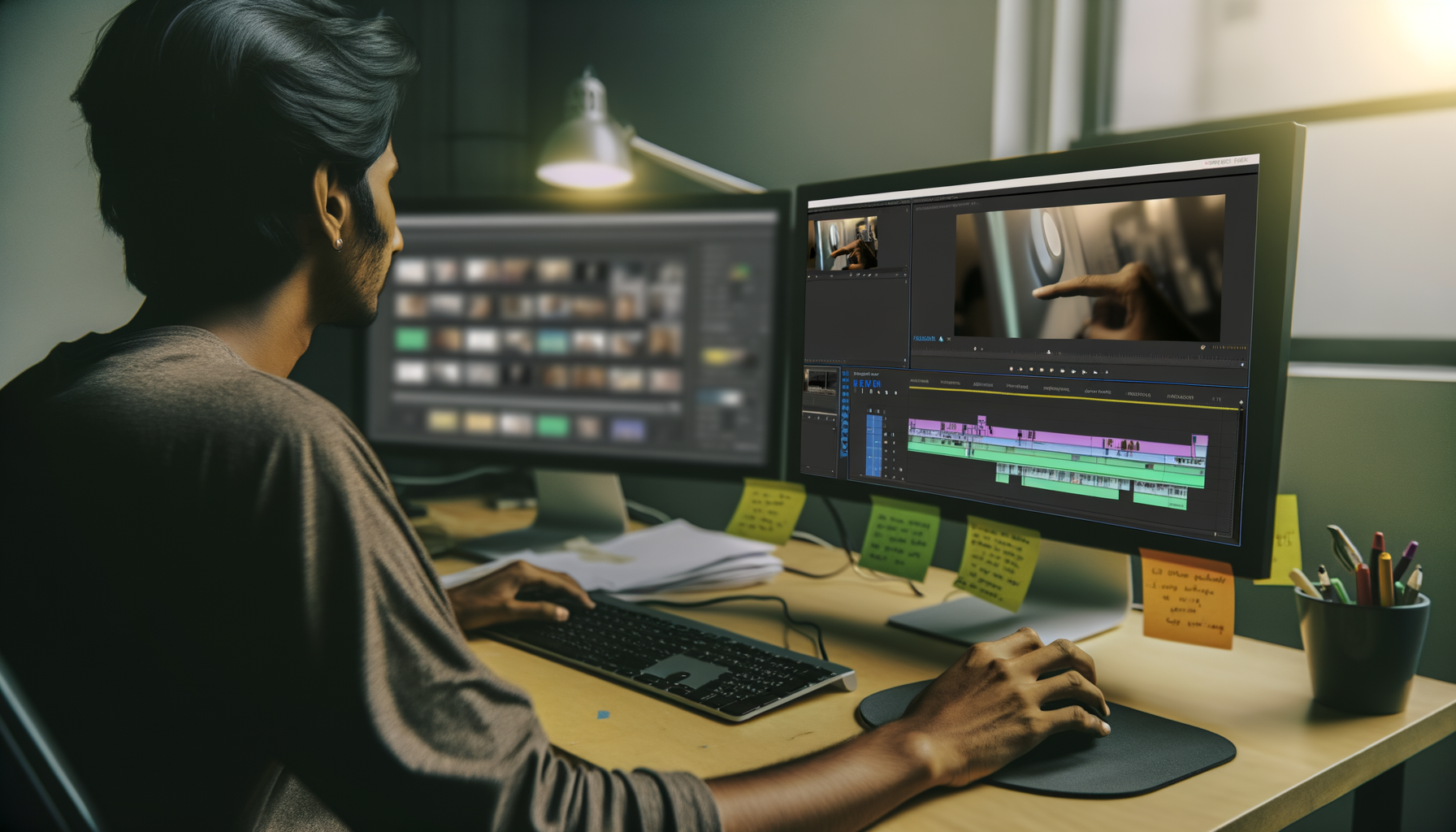 Person editing video footage on computer screen with YouTube AI likeness interface