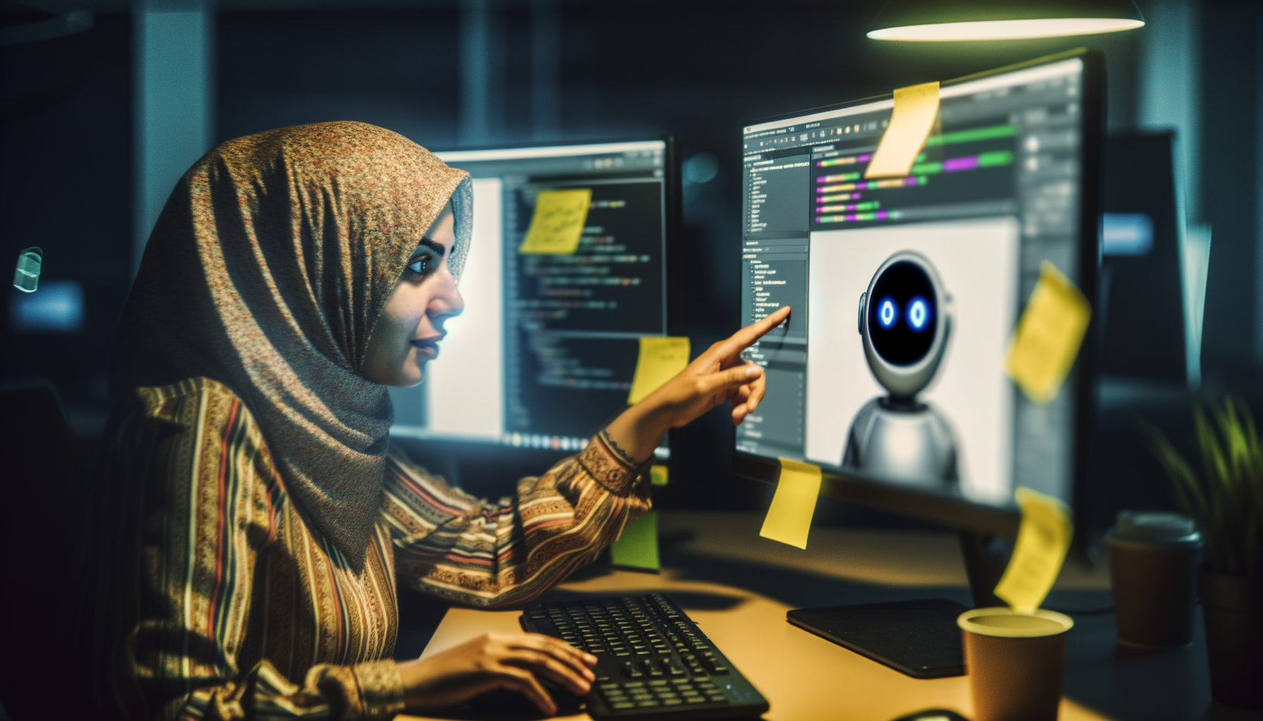 Close-up of human interacting with chatbot interface on computer screen, showcasing chatbot consciousness micro-realism