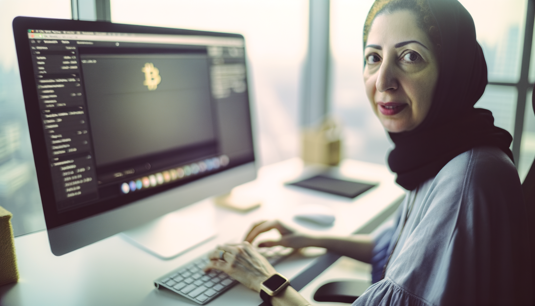 Close-up portrait of a person at a computer screen displaying a blockchain interface in a modern office