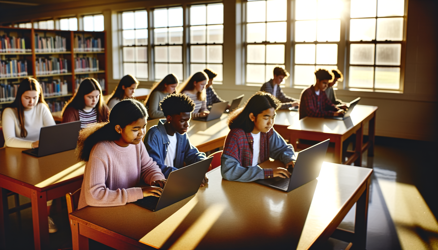 Diverse group of teenagers using laptops in a school library with ChatGPT age prediction
