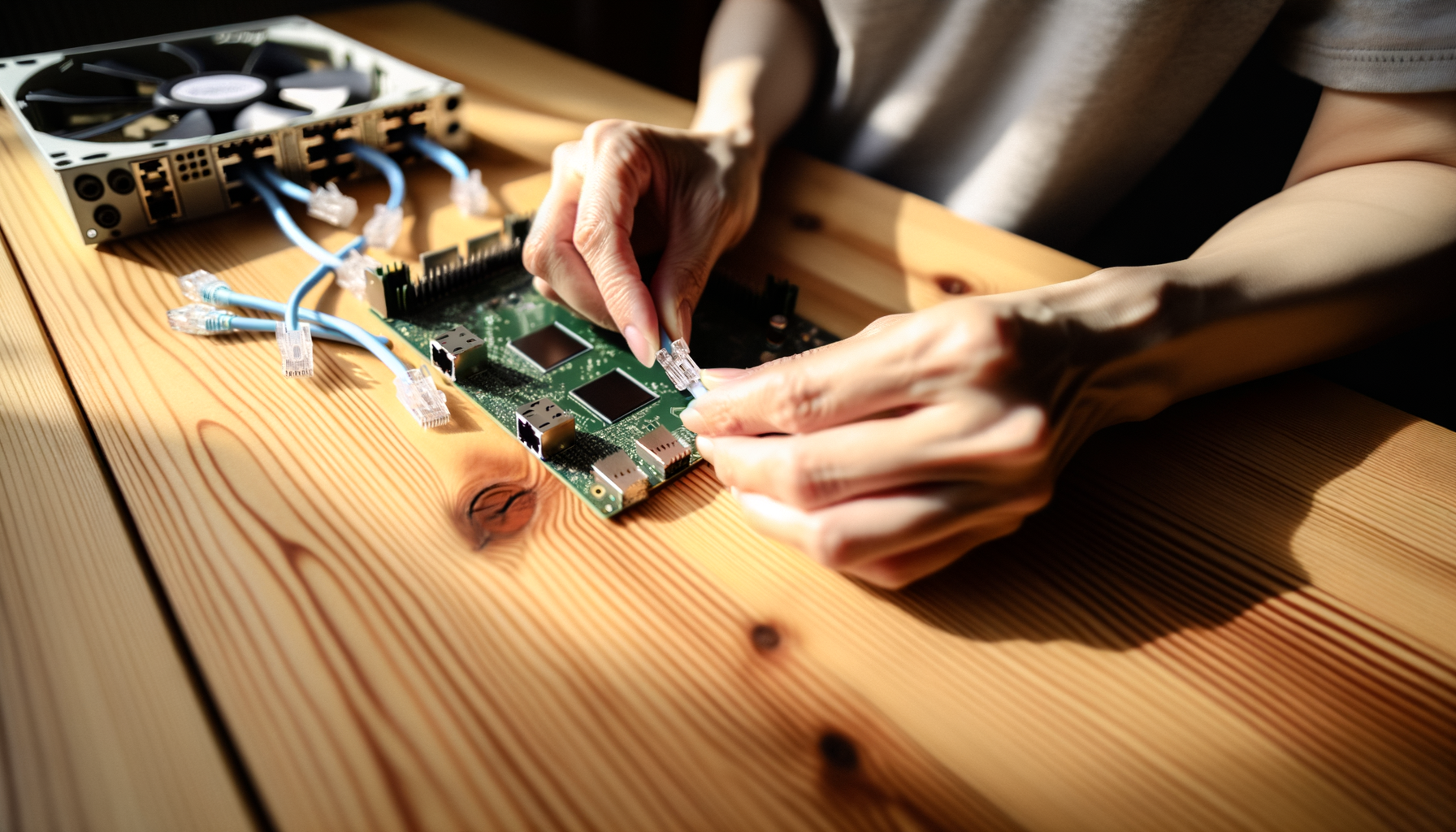 Over-the-shoulder action shot of hands assembling Ethernet cables into a processor board
