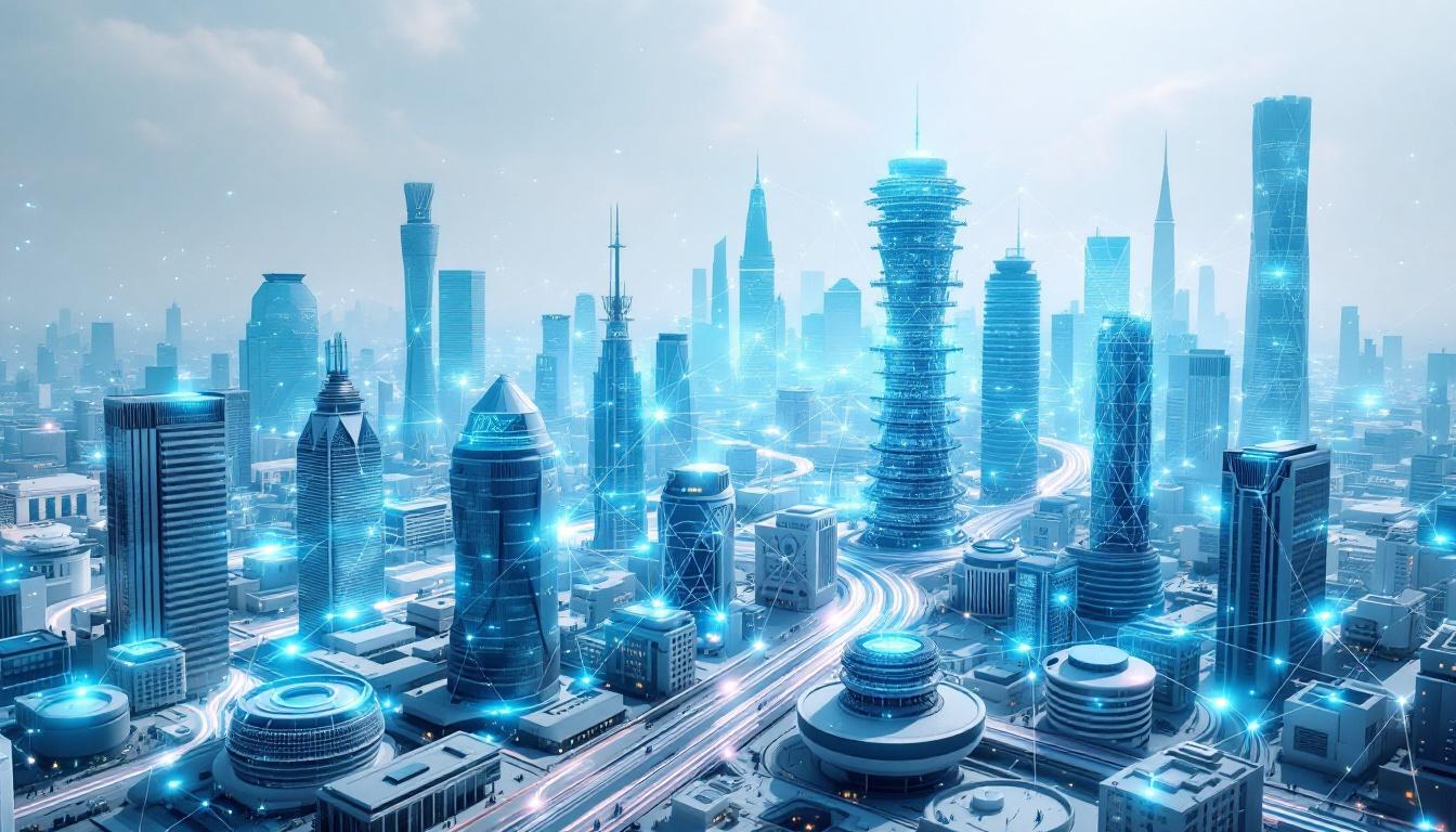 Futuristic cityscape representing global internet connectivity.