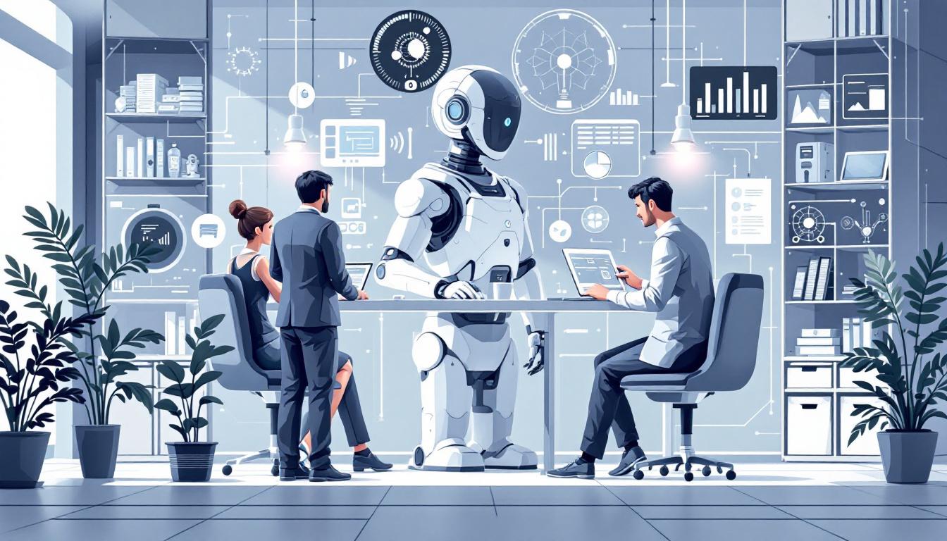 Humans collaborating with futuristic AI systems.