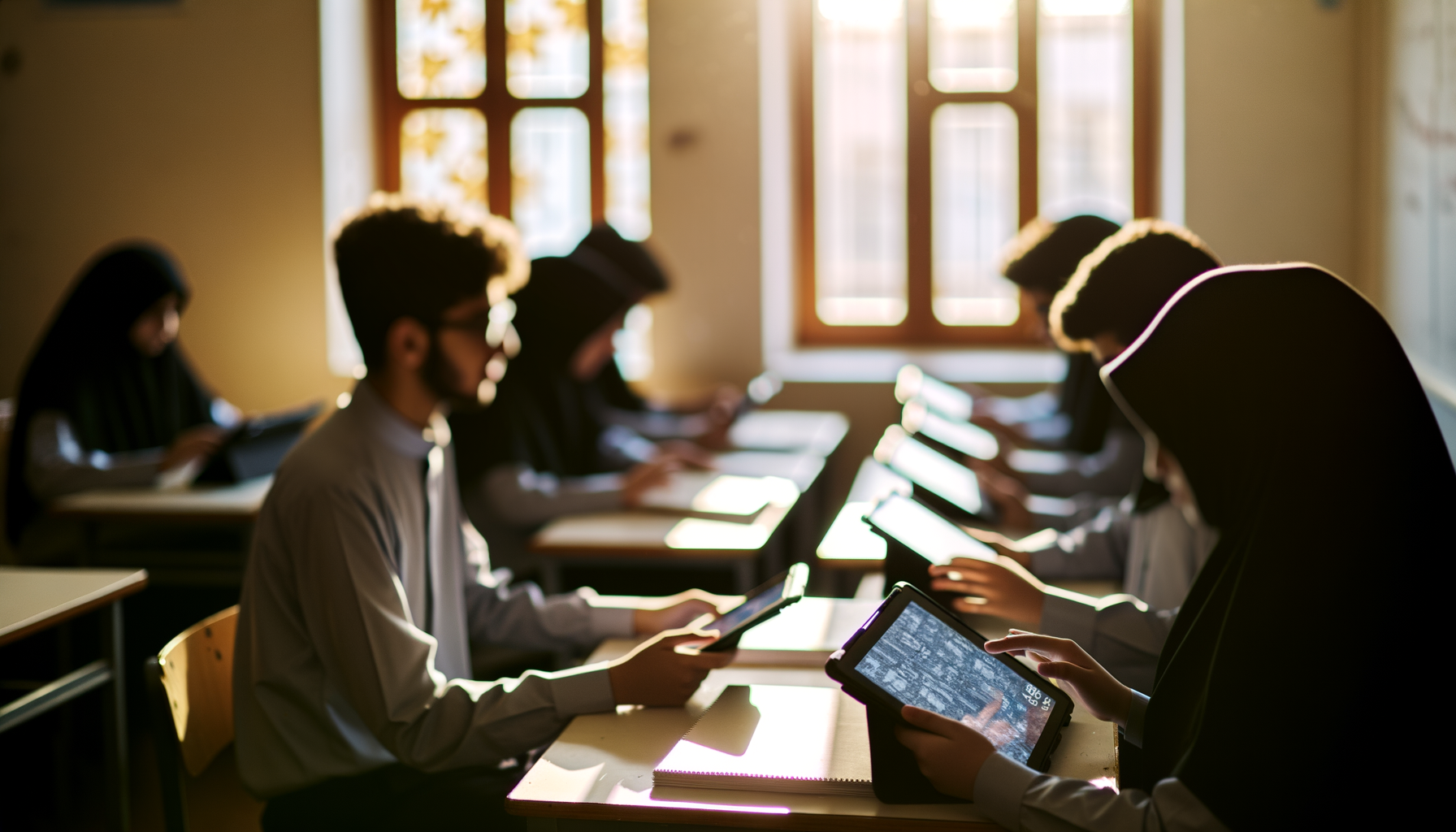 Modern classroom with children using tablets featuring generative AI learning app for kids