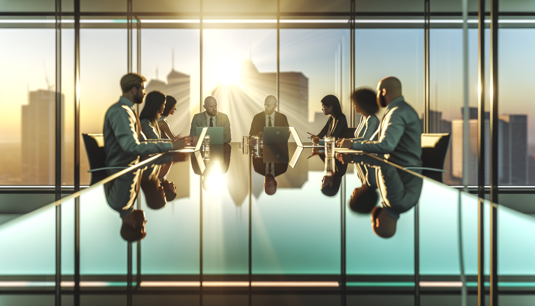 A diverse group of professionals engaged in discussion in a modern conference room with laptops, featuring ChatGPT targeted ads.