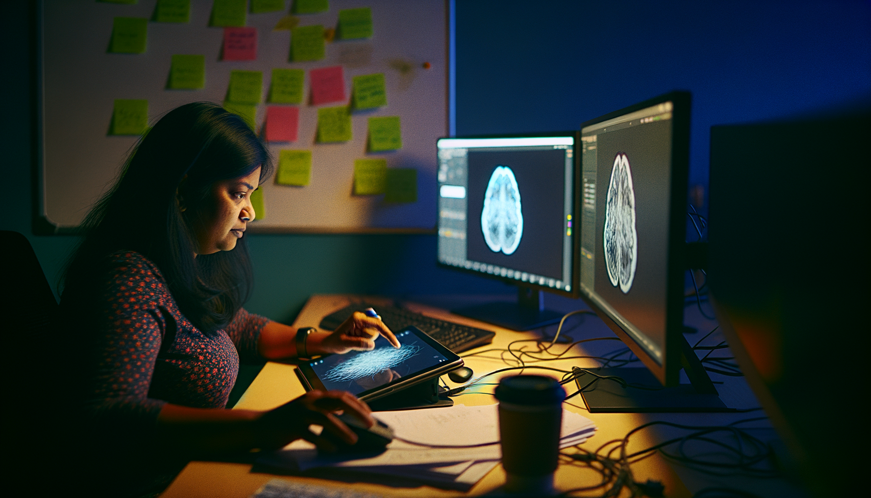 Over-the-shoulder action in conference room with brain computer interface startup