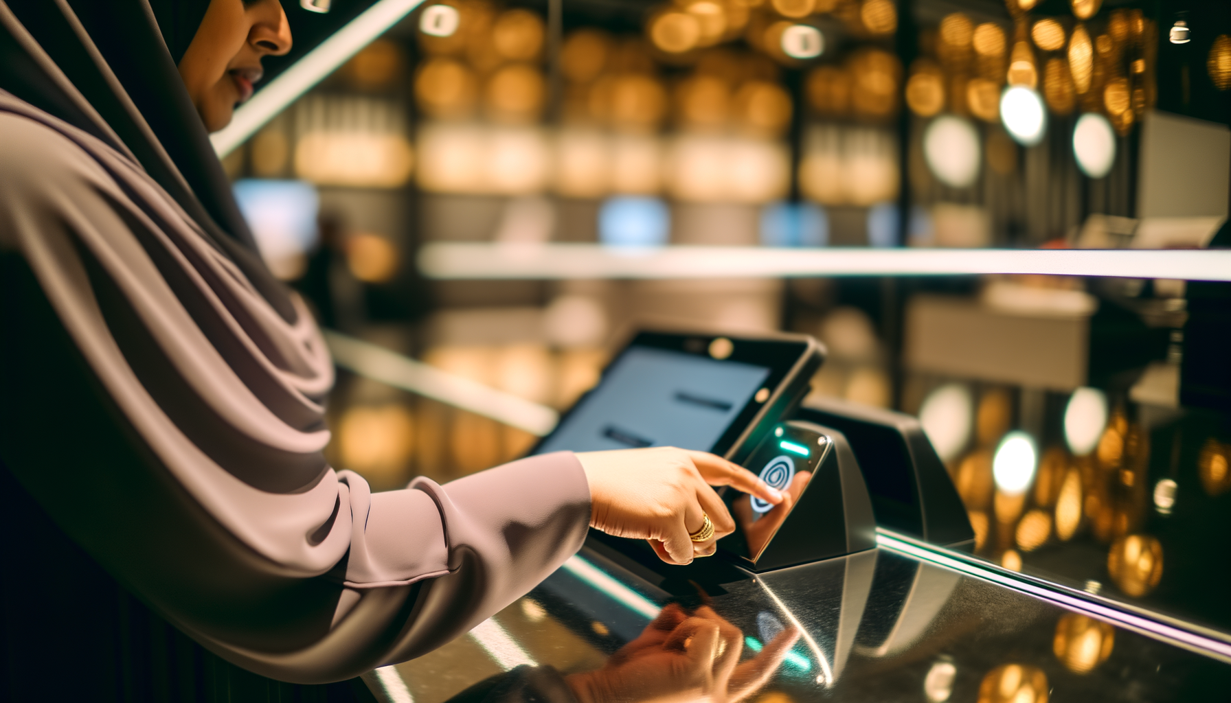 Over the shoulder view of AI-driven retail revolution at modern store