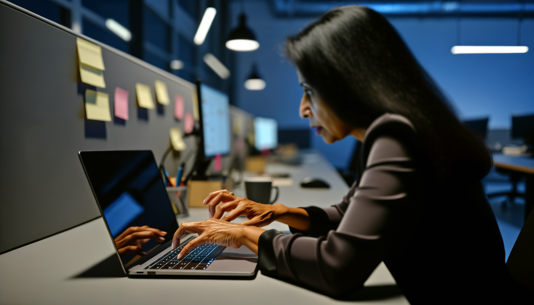 Person typing on laptop keyboard in an AI journalism startup setting
