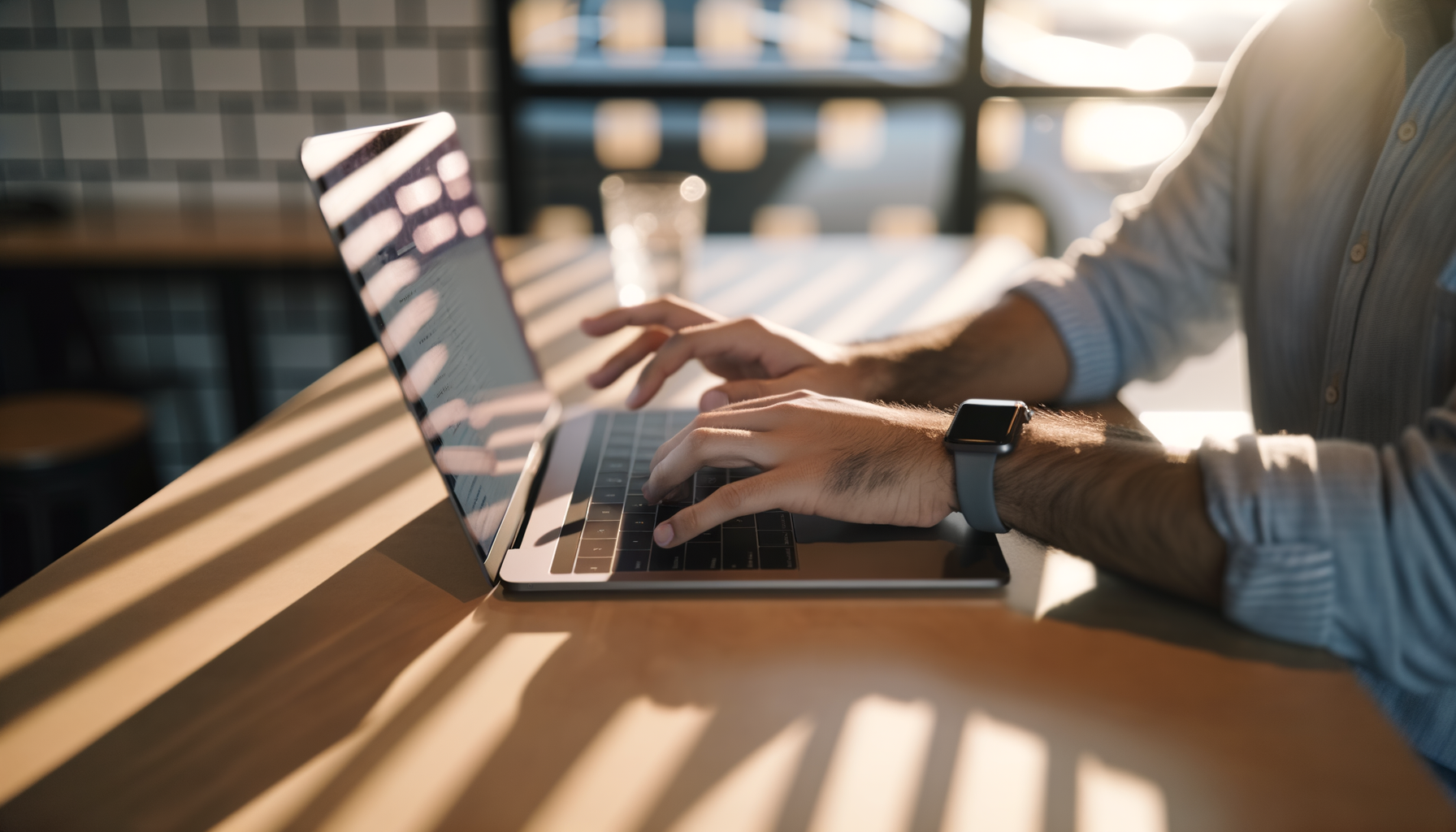 Over-the-shoulder action of hands typing on a laptop in a modern co-working space with Web3 technology focus
