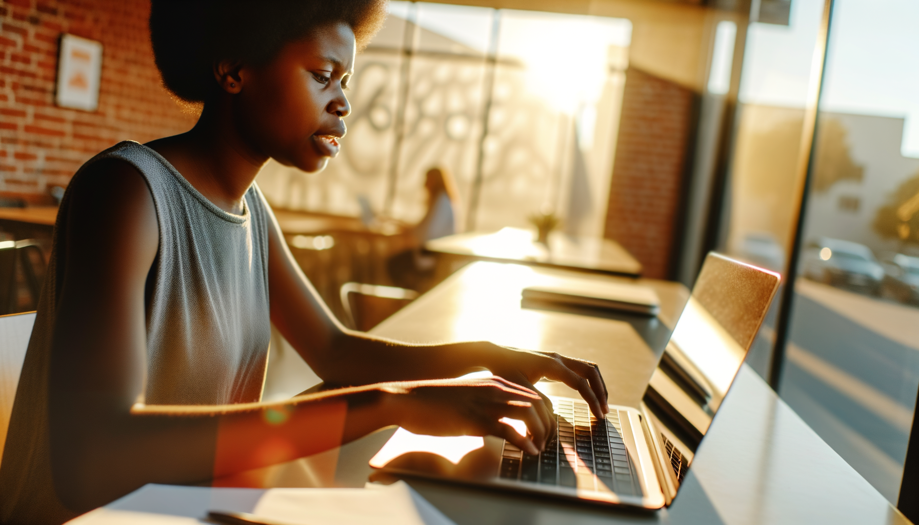 Over-the-shoulder action shot of hands typing on a laptop in a bustling coworking space, capturing Web3 trends.