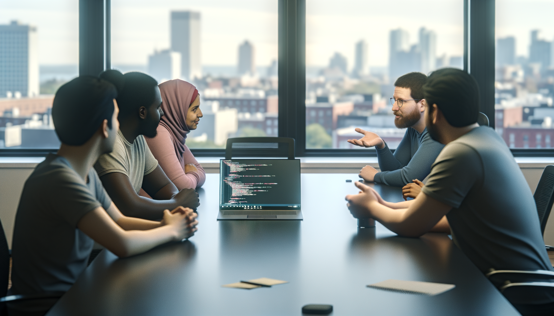 Diverse software developers intensely discussing code in a conference room