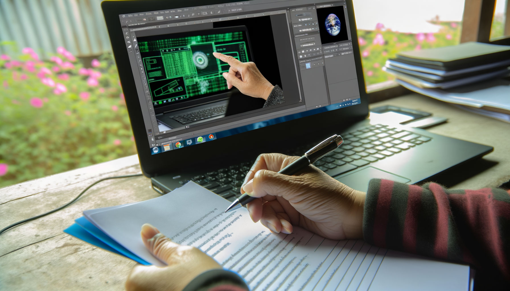 A teacher's hand pointing towards a laptop screen with educational software, AI innovation in action.