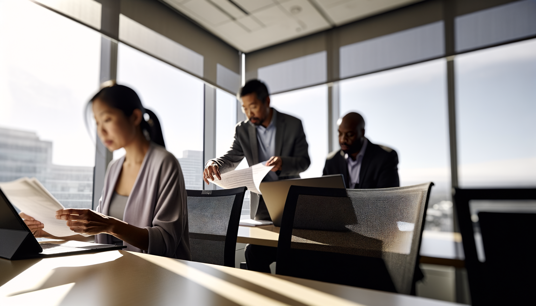 A team of logistics professionals reviewing digital ledgers on laptops and paper documents, showcasing the impact of blockchain on supply chains.