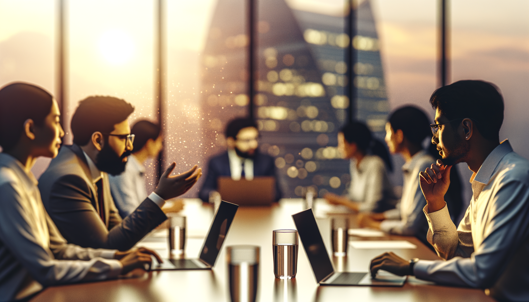Wide establishing shot of a conference room during golden hour, showcasing privacy-conscious AI discussions