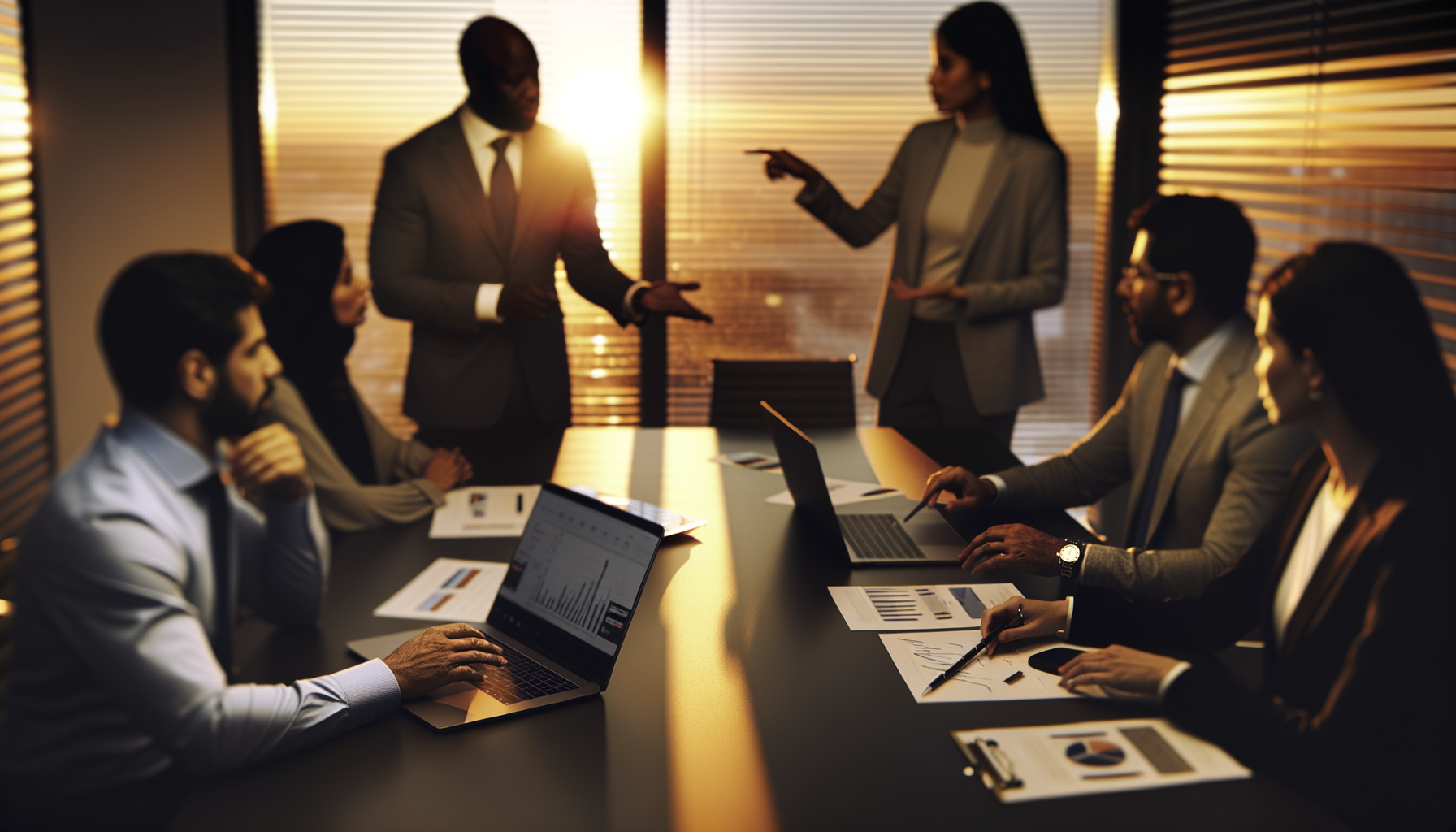 Diverse group of professionals in a modern conference room during golden hour