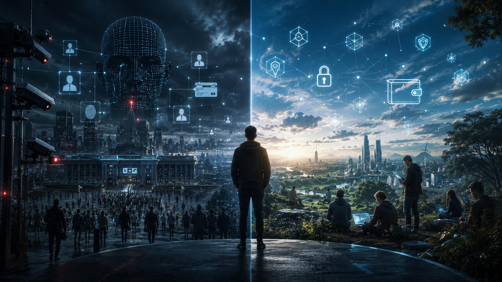 Split-scene illustration showing a future European society divided between centralized digital control and decentralized digital sovereignty powered by privacy-preserving technologies