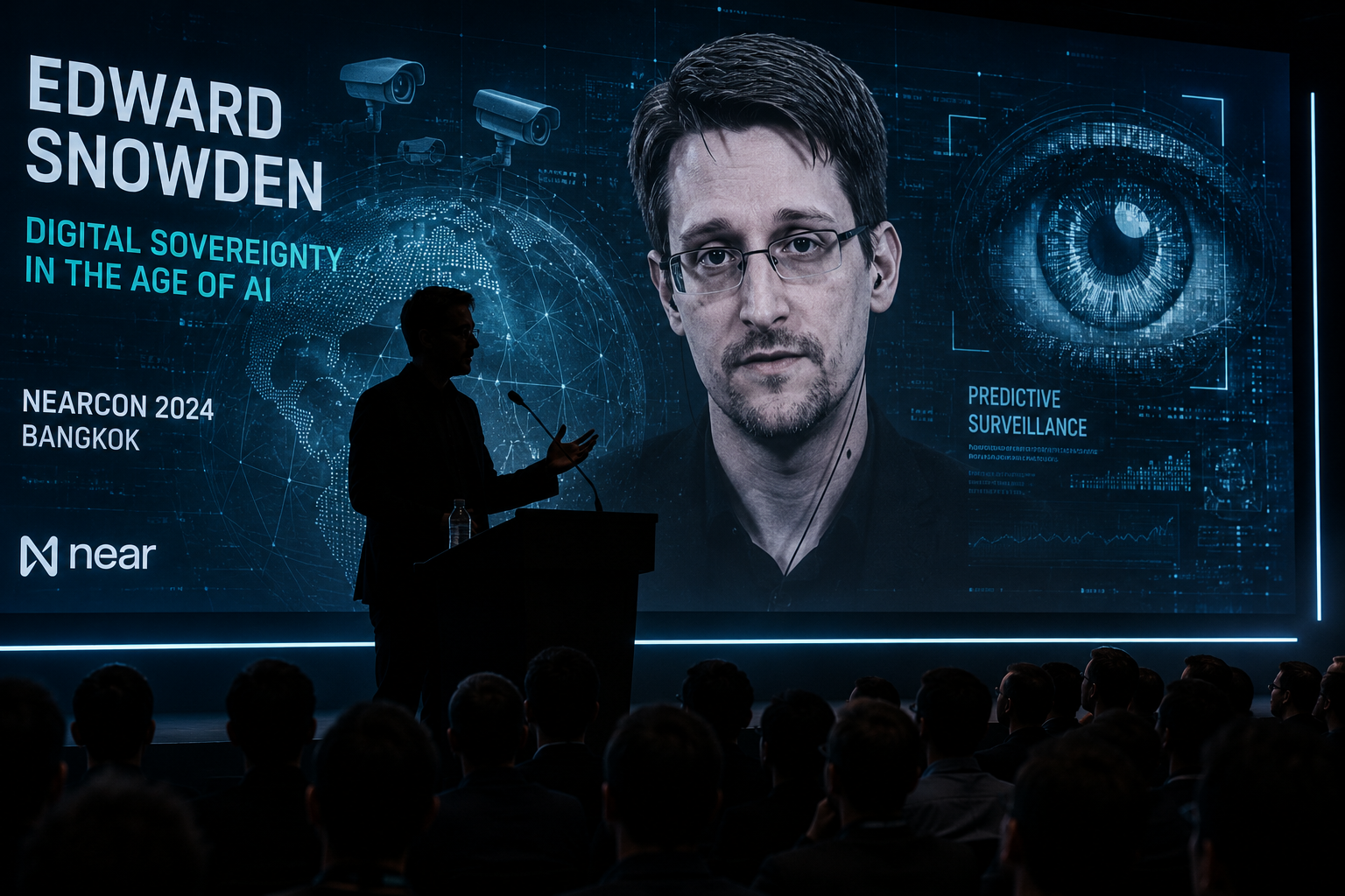 Edward Snowden discussing predictive surveillance in 2024 and the impact of artificial intelligence on privacy