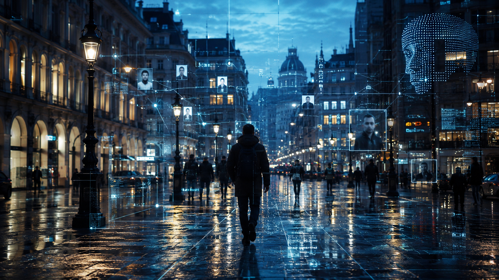 Mass surveillance in Europe visualized in a near-future smart city with digital identity tracking, biometric recognition and interconnected data networks