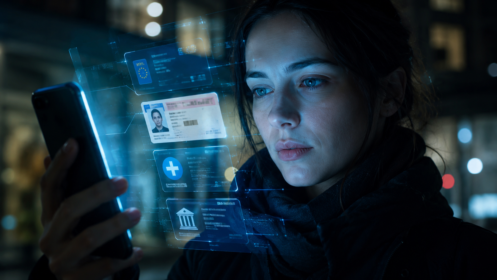 Mass surveillance in Europe through a European Digital Identity Wallet displaying identity, health and banking credentials on a smartphone