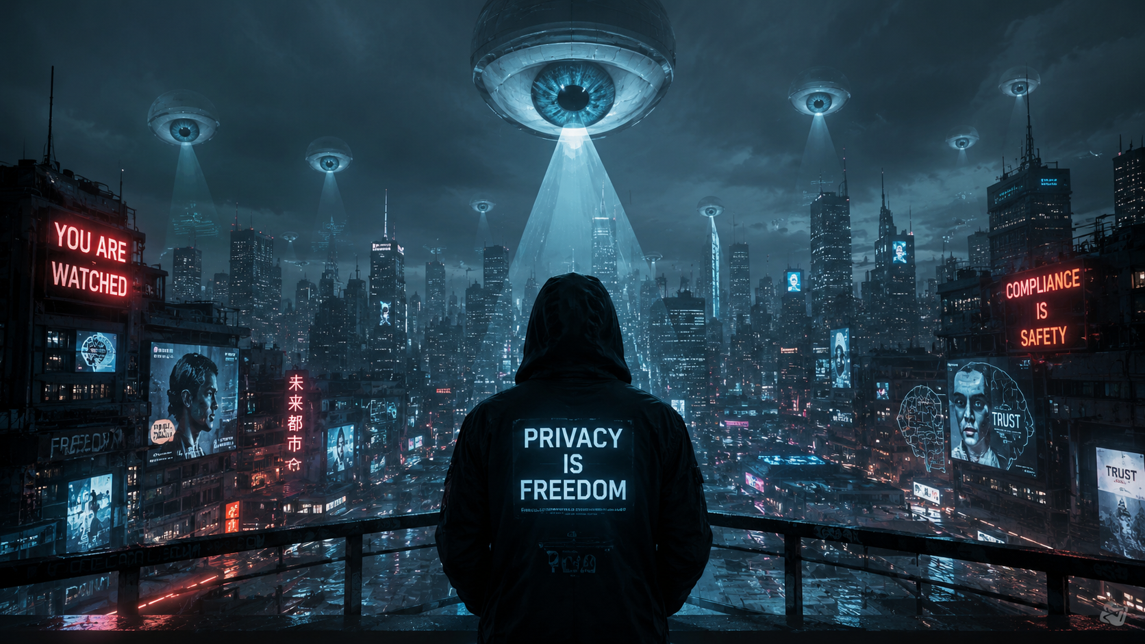 Predictive surveillance powered by artificial intelligence in a futuristic cyberpunk city